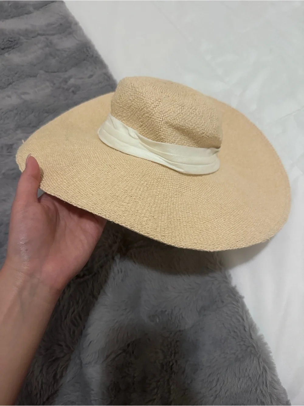 Janie and Jack Cream Wide-Brim Straw Sun Hat with Ribbon